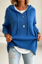 Blue Women's Oversized Hooded Knit Sweater with Drawstring & Relaxed Fit — Marigold