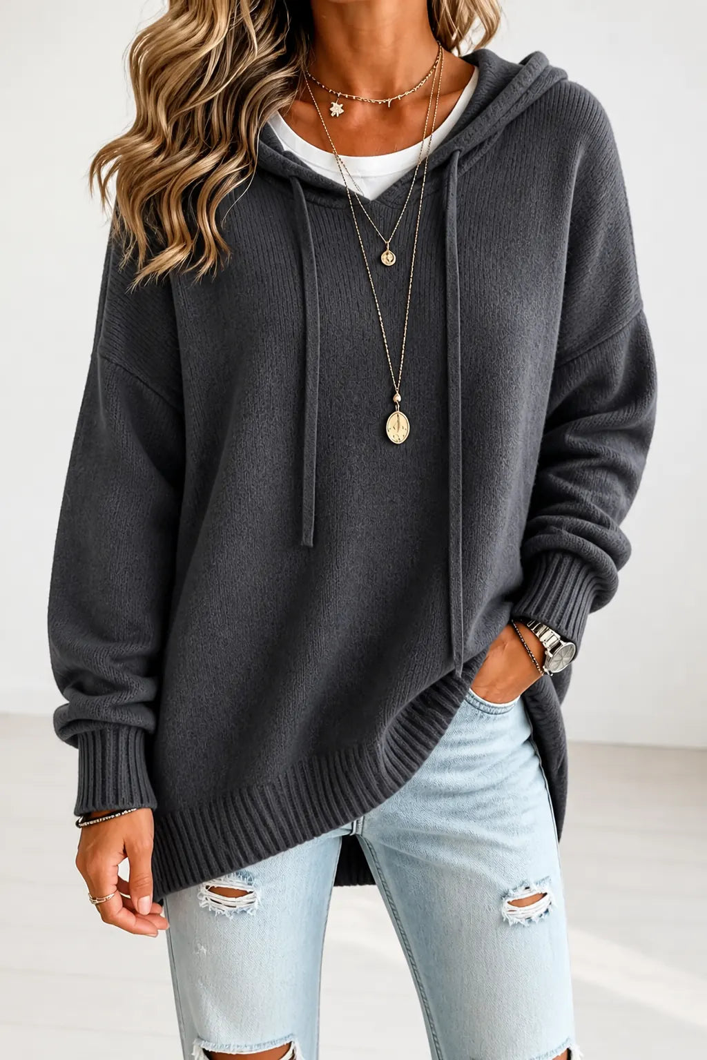 Gray Women's Oversized Hooded Knit Sweater with Drawstring & Relaxed Fit — Marigold