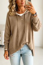Khaki Women's Oversized Hooded Knit Sweater with Drawstring & Relaxed Fit — Marigold