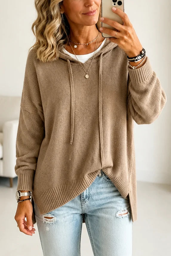 Khaki Women's Oversized Hooded Knit Sweater with Drawstring & Relaxed Fit — Marigold