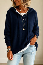 Navy Blue Women's Oversized Hooded Knit Sweater with Drawstring & Relaxed Fit — Marigold