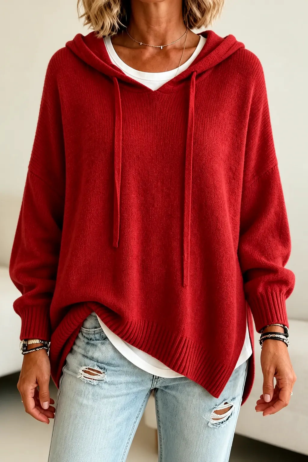 Red Women's Oversized Hooded Knit Sweater with Drawstring & Relaxed Fit — Marigold