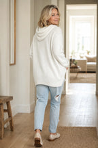 White Women's Oversized Hooded Knit Sweater with Drawstring & Relaxed Fit — Marigold - Back Full