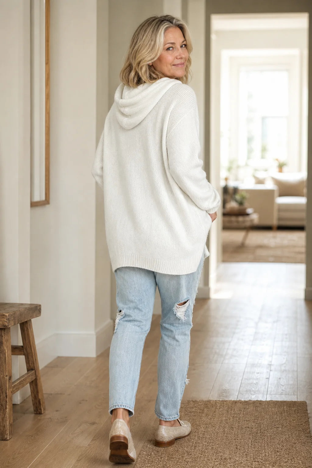 White Women's Oversized Hooded Knit Sweater with Drawstring & Relaxed Fit — Marigold - Back Full
