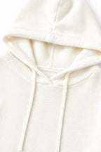 White Women's Oversized Hooded Knit Sweater with Drawstring & Relaxed Fit — Marigold - Hood Close Up