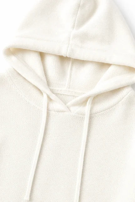 White Women's Oversized Hooded Knit Sweater with Drawstring & Relaxed Fit — Marigold - Hood Close Up