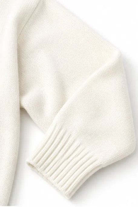 White Women's Oversized Hooded Knit Sweater with Drawstring & Relaxed Fit — Marigold - Sleeve Close Up