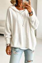 White Women's Oversized Hooded Knit Sweater with Drawstring & Relaxed Fit — Marigold
