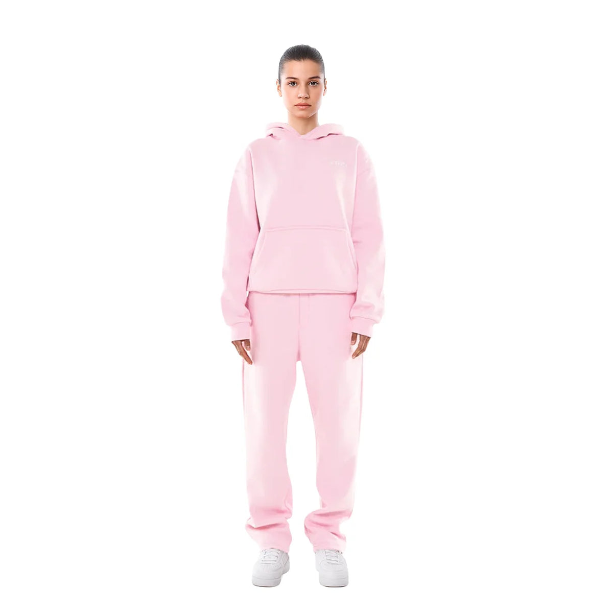 Light Pink Women's Oversized Tracksuit with Hooded Sweatshirt & Jogger Pants — Ellie - Front Pose