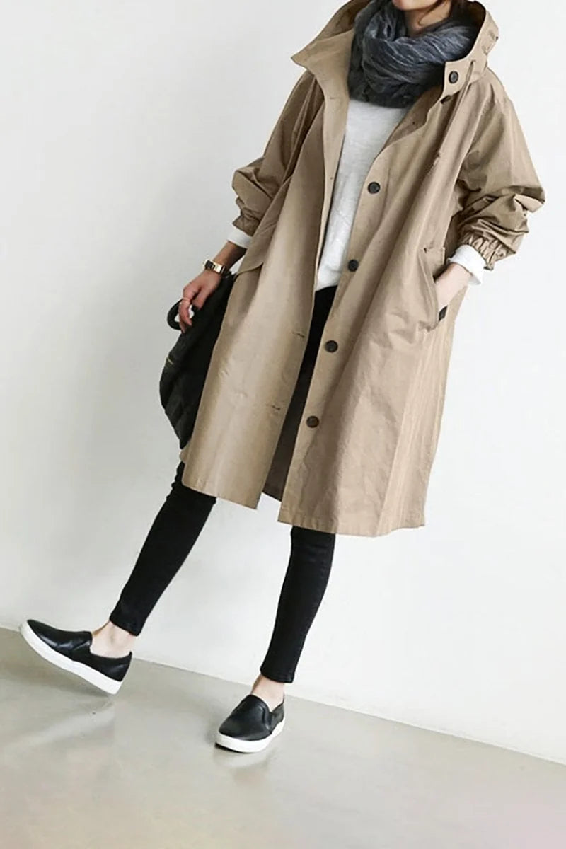 Beige Women's Oversized Hooded Trench Coat with Button Front & Drawstring Hood