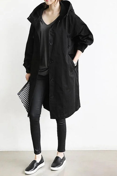 Black Women's Oversized Hooded Trench Coat with Button Front & Drawstring Hood