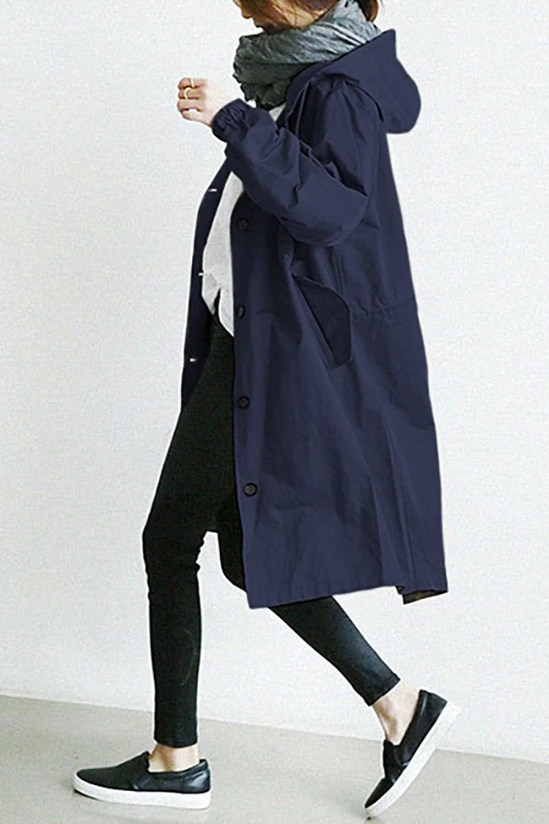 Dark Blue Women's Oversized Hooded Trench Coat with Button Front & Drawstring Hood - Side Pose