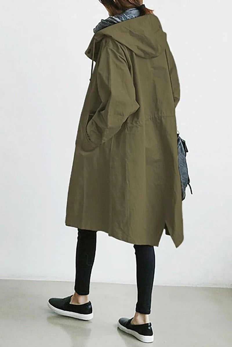 Green Women's Oversized Hooded Trench Coat with Button Front & Drawstring Hood