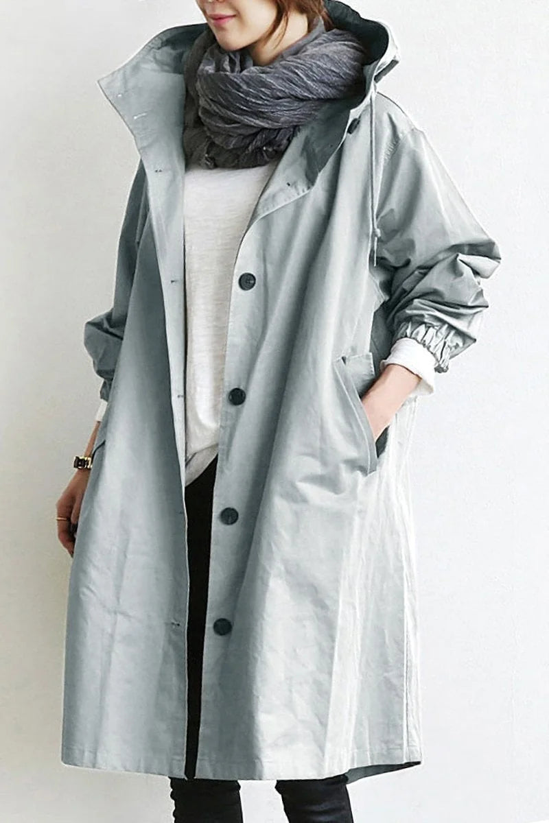 Grey Women's Oversized Hooded Trench Coat with Button Front & Drawstring Hood