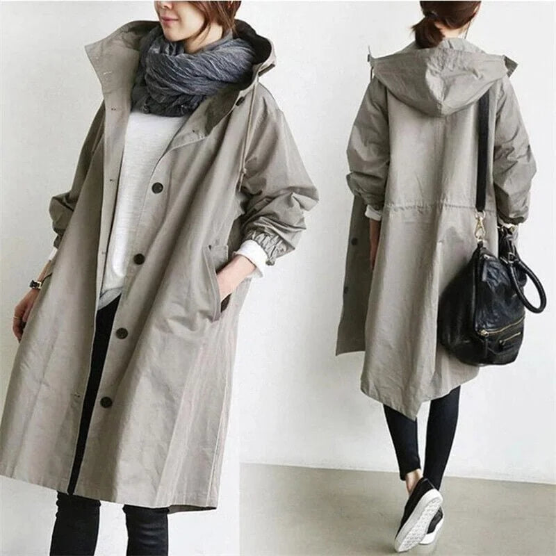 Khaki Women's Oversized Hooded Trench Coat with Button Front & Drawstring Hood - Front Back Split