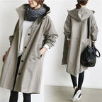 Khaki Women's Oversized Hooded Trench Coat with Button Front & Drawstring Hood - Front Back Split