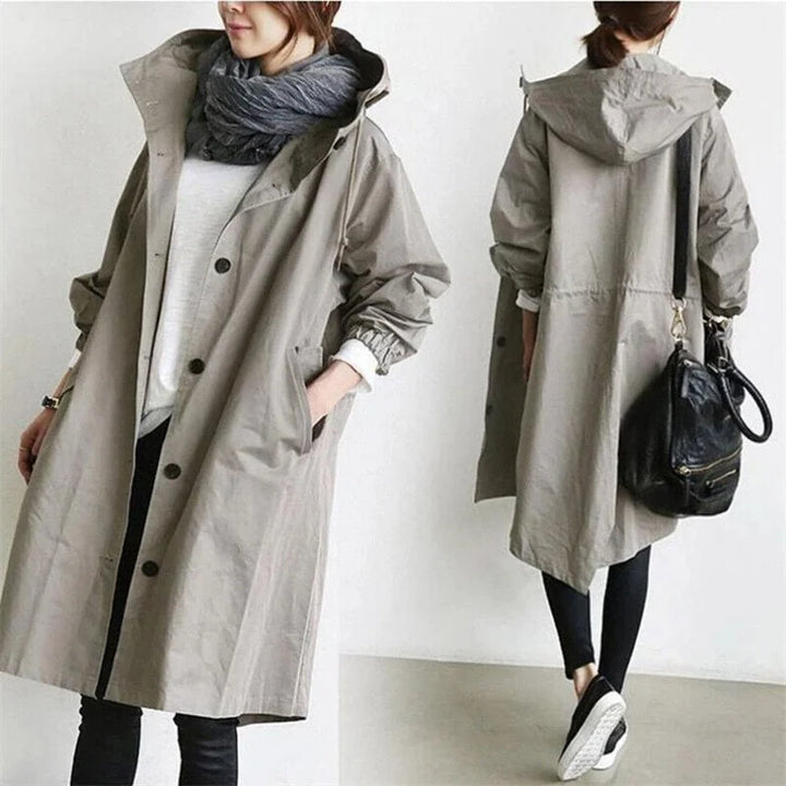 Khaki Women's Oversized Hooded Trench Coat with Button Front & Drawstring Hood - Front Back Split