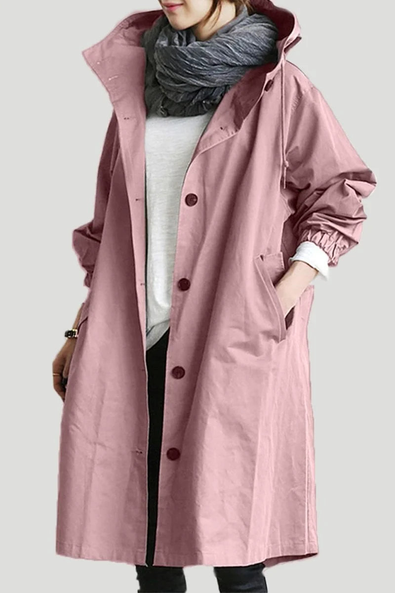 Pink Women's Oversized Hooded Trench Coat with Button Front & Drawstring Hood