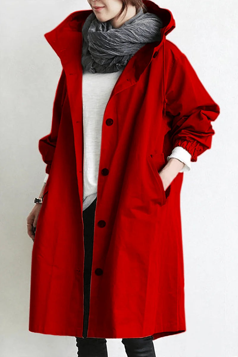 Red Women's Oversized Hooded Trench Coat with Button Front & Drawstring Hood