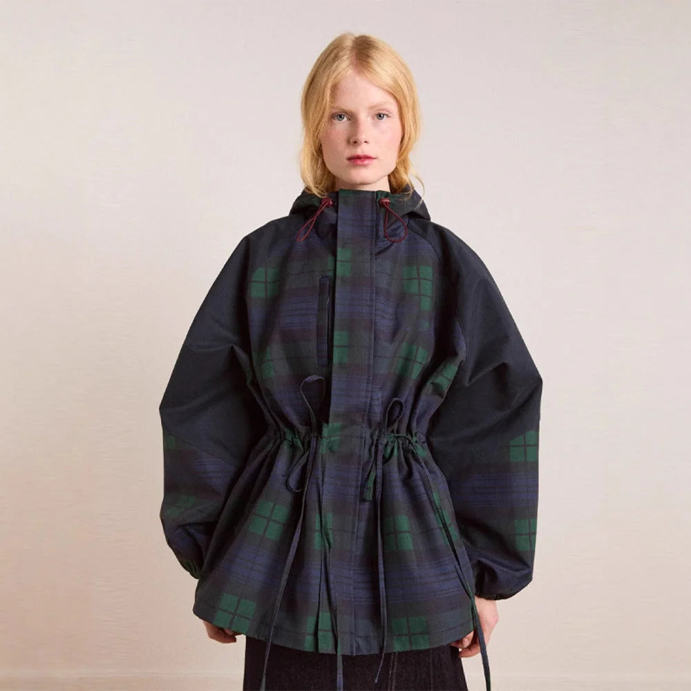 Dark Green Women's Oversized Plaid Jacket with Hood & Drawstring Waist - Front Full