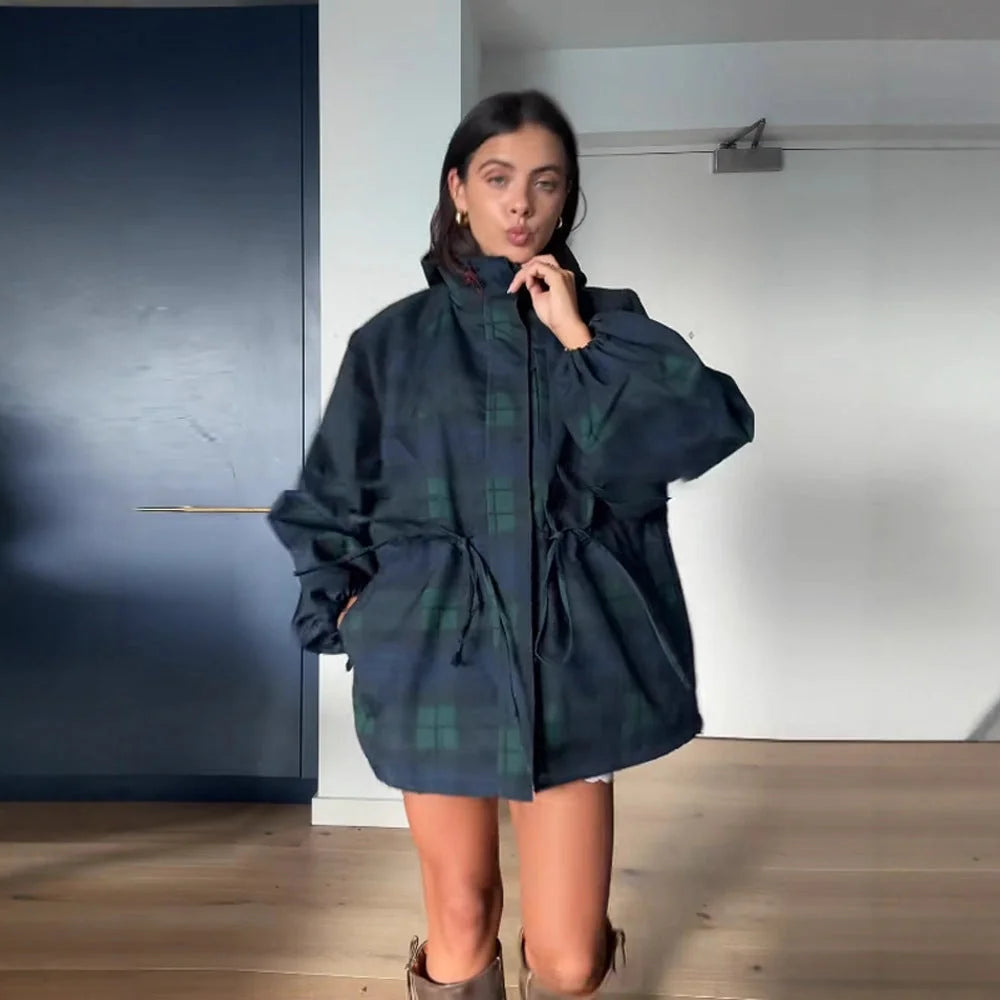 Dark Green Women's Oversized Plaid Jacket with Hood & Drawstring Waist - Front Pose Indoor