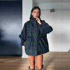 Dark Green Women's Oversized Plaid Jacket with Hood & Drawstring Waist - Front Pose Indoor