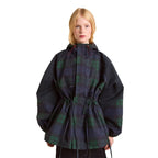 Dark Green Women's Oversized Plaid Jacket with Hood & Drawstring Waist - Studio White Background