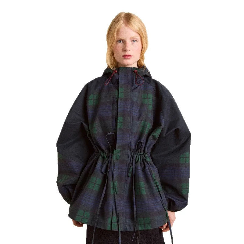 Dark Green Women's Oversized Plaid Jacket with Hood & Drawstring Waist - Studio White Background