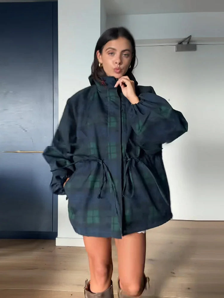 Dark Green Women's Oversized Plaid Jacket with Hood & Drawstring Waist - A