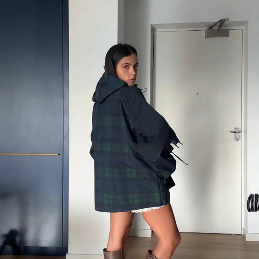 Dark Green Women's Oversized Plaid Jacket with Hood & Drawstring Waist - Back Side Pose