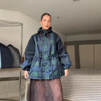 Dark Green Women's Oversized Plaid Jacket with Hood & Drawstring Waist - Video Lifestyle