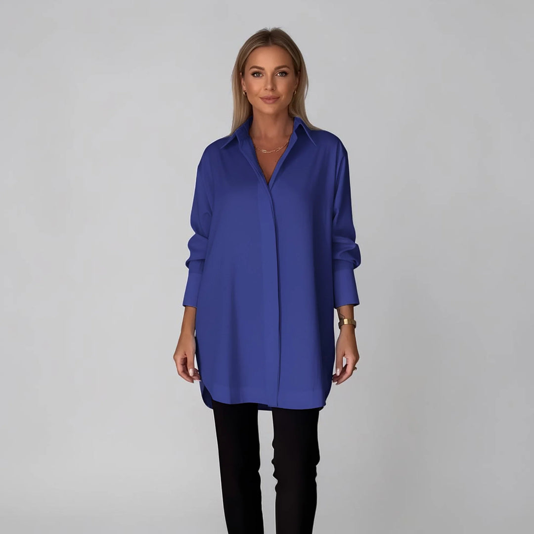 Dark Blue Women's Long Sleeve Blouse with Oversized Fit & High-Low Hem - Front Pose