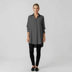 Dark Grey Women's Long Sleeve Blouse with Oversized Fit & High-Low Hem - Side Pose