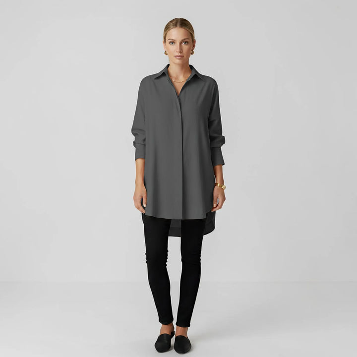Dark Grey Women's Long Sleeve Blouse with Oversized Fit & High-Low Hem - Side Pose