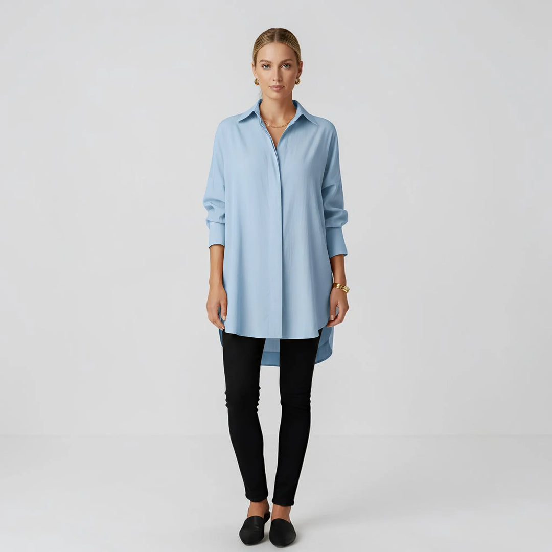 Light Blue Women's Long Sleeve Blouse with Oversized Fit & High-Low Hem - Studio White
