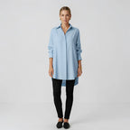Light Blue Women's Long Sleeve Blouse with Oversized Fit & High-Low Hem - Studio White
