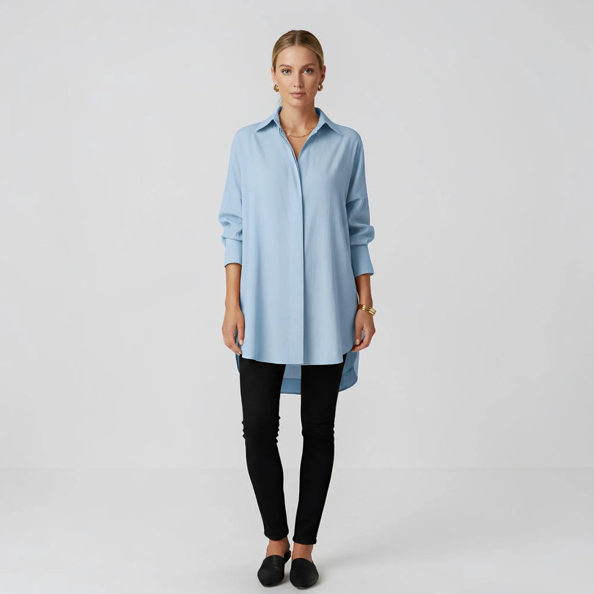 Light Blue Women's Long Sleeve Blouse with Oversized Fit & High-Low Hem - Studio White