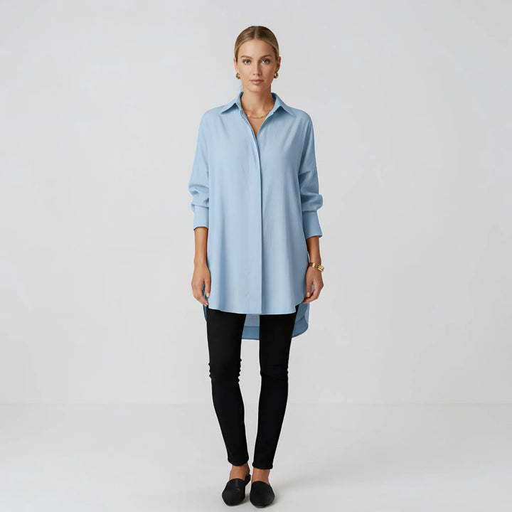 Light Blue Women's Long Sleeve Blouse with Oversized Fit & High-Low Hem - Studio White
