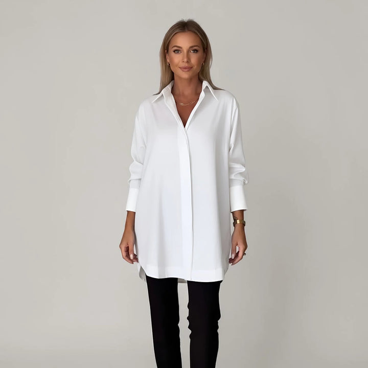 White Women's Long Sleeve Blouse with Oversized Fit & High-Low Hem