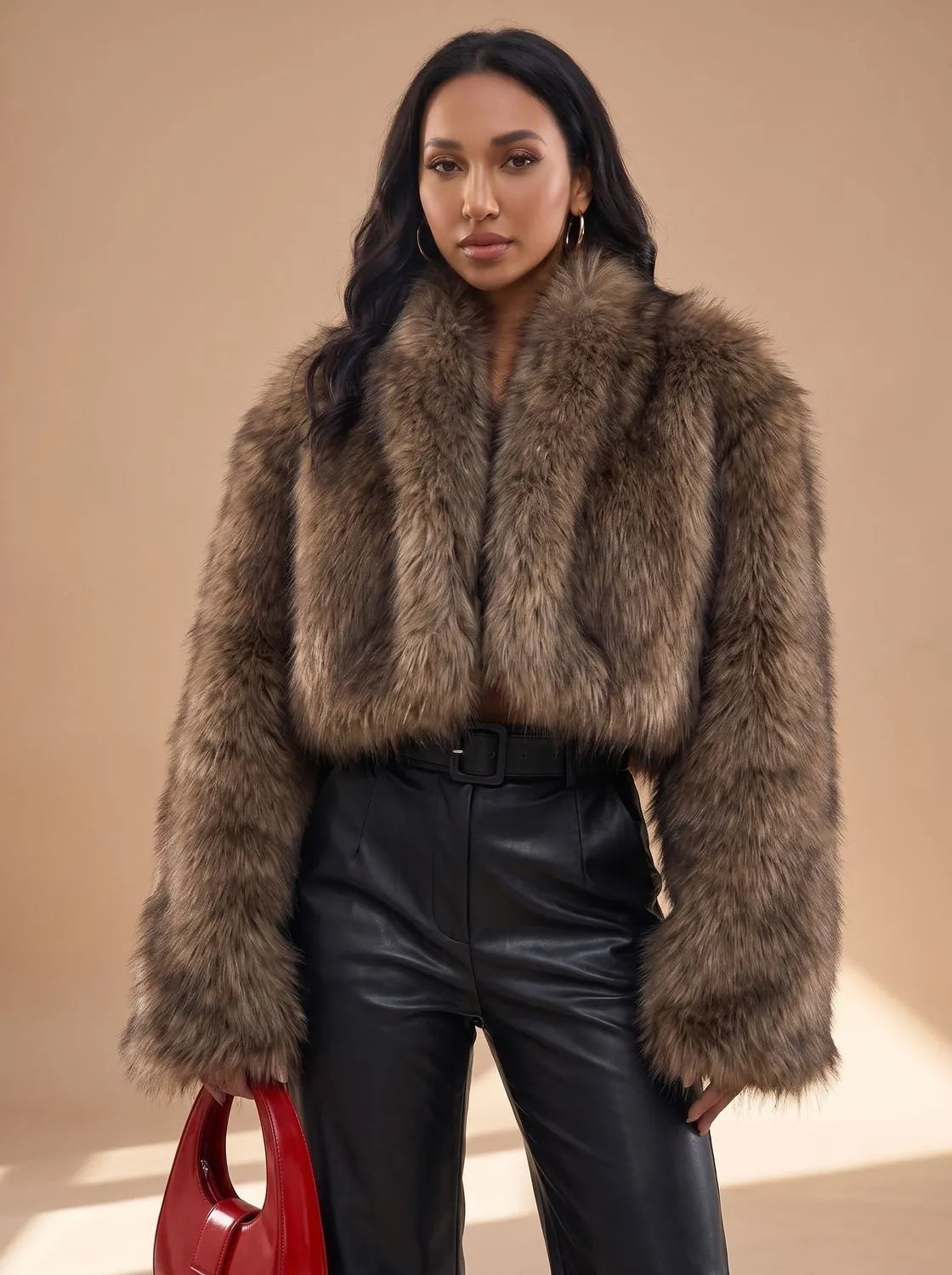 Dark Brown Women's Faux Fur Coat with Oversized Open Front & Wide Sleeves - Front Pose Bag