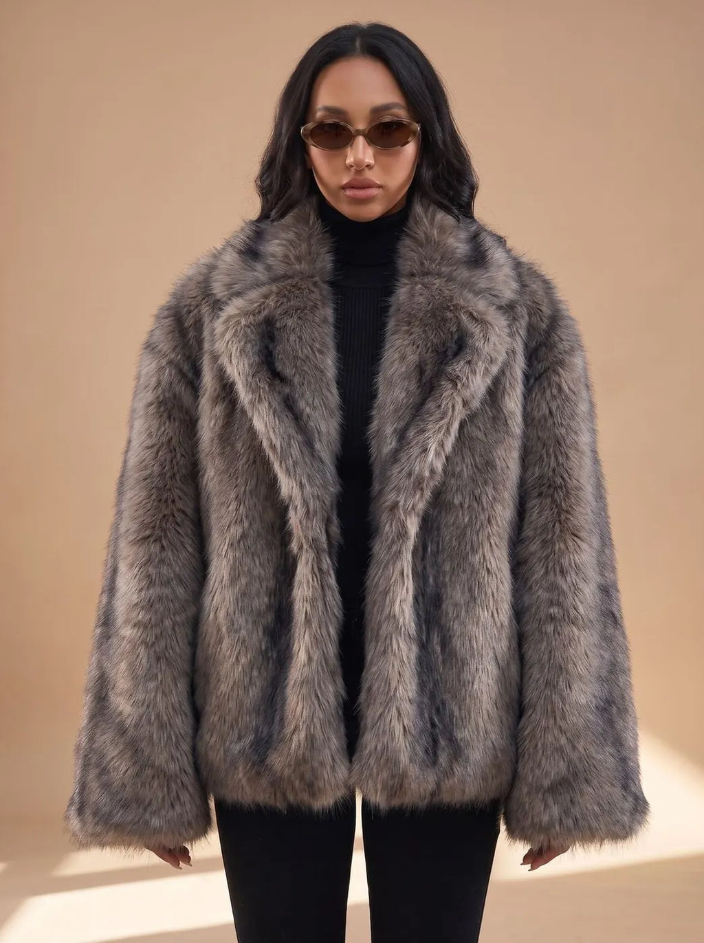 Dark Grey Women's Faux Fur Coat with Oversized Open Front & Wide Sleeves - Front Sunglasses Pose