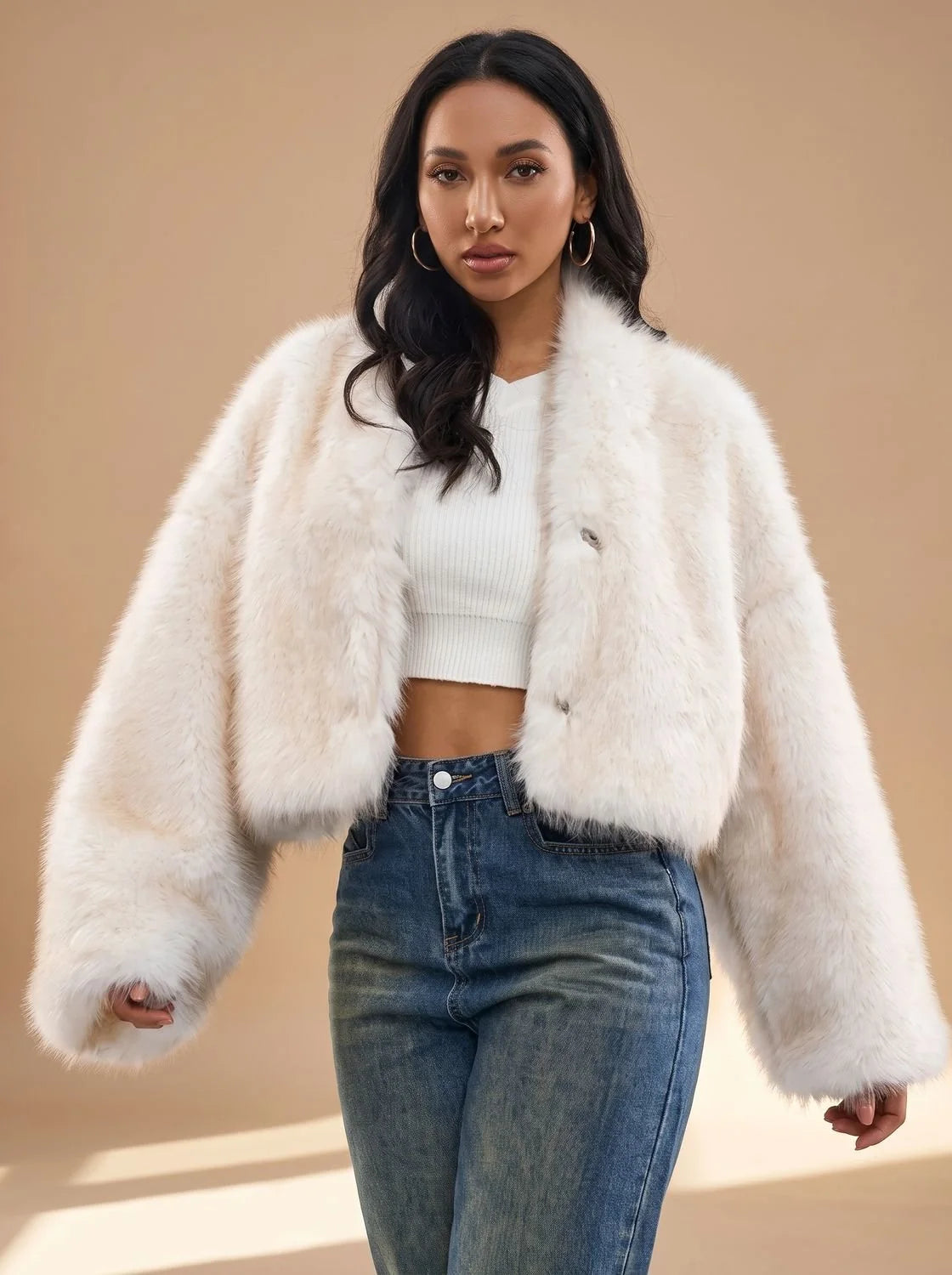 White Women's Faux Fur Coat with Oversized Open Front & Wide Sleeves