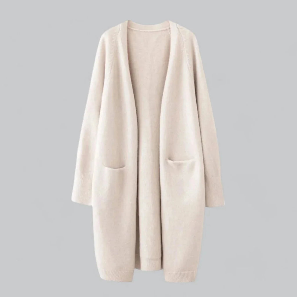 Beige Women's Oversized Cashmere Cardigan with Open-Front Design & Patch Pockets — Melanie - Flat Lay Front