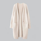 Beige Women's Oversized Cashmere Cardigan with Open-Front Design & Patch Pockets — Melanie - Flat Lay Front