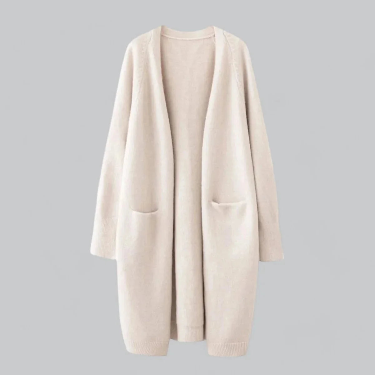 Beige Women's Oversized Cashmere Cardigan with Open-Front Design & Patch Pockets — Melanie - Flat Lay Front