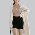 Beige Women's Oversized Cashmere Cardigan with Open-Front Design & Patch Pockets