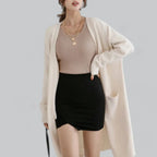 Beige Women's Oversized Cashmere Cardigan with Open-Front Design & Patch Pockets