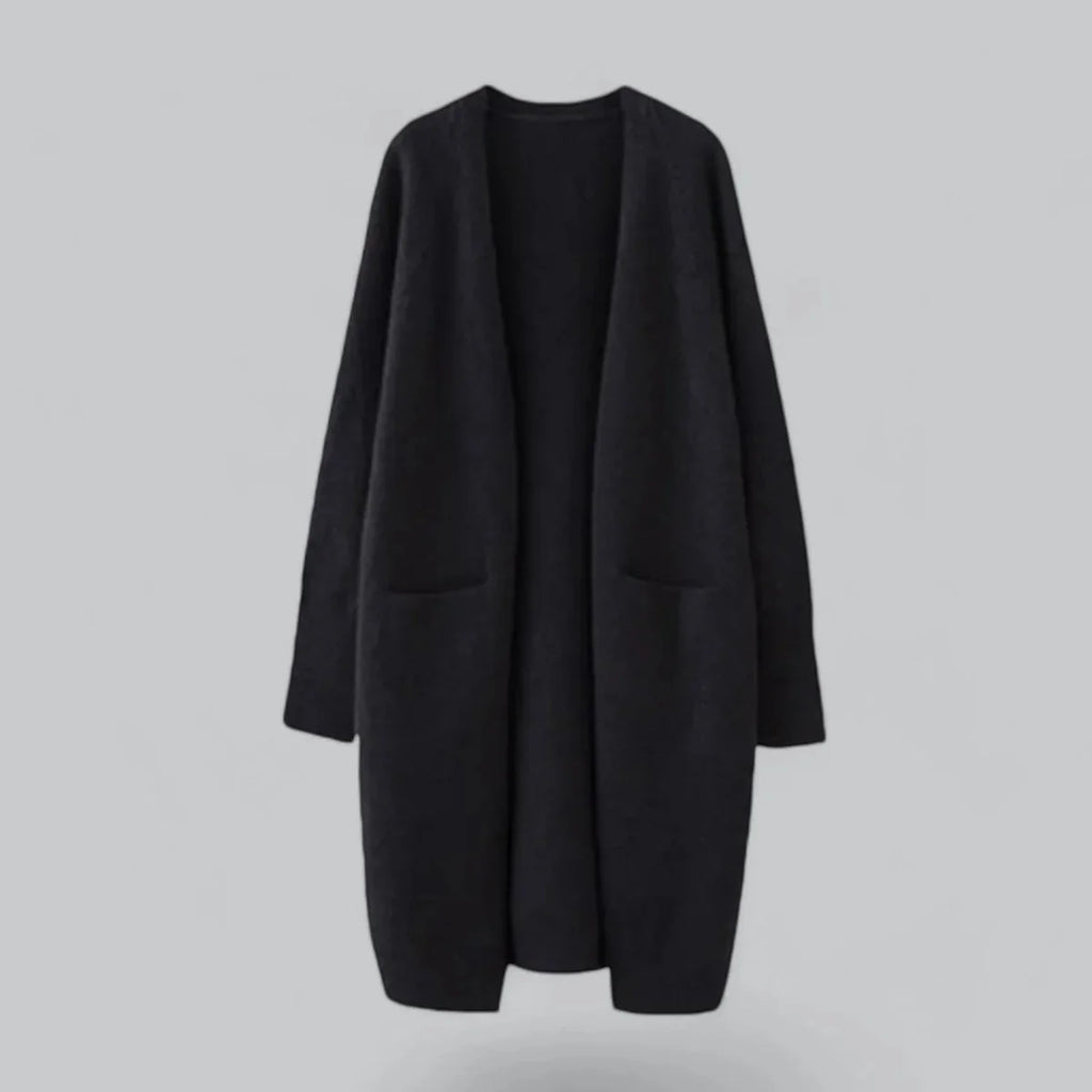 Black Women's Oversized Cashmere Cardigan with Open-Front Design & Patch Pockets — Melanie - Flat Lay