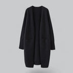 Black Women's Oversized Cashmere Cardigan with Open-Front Design & Patch Pockets — Melanie - Flat Lay