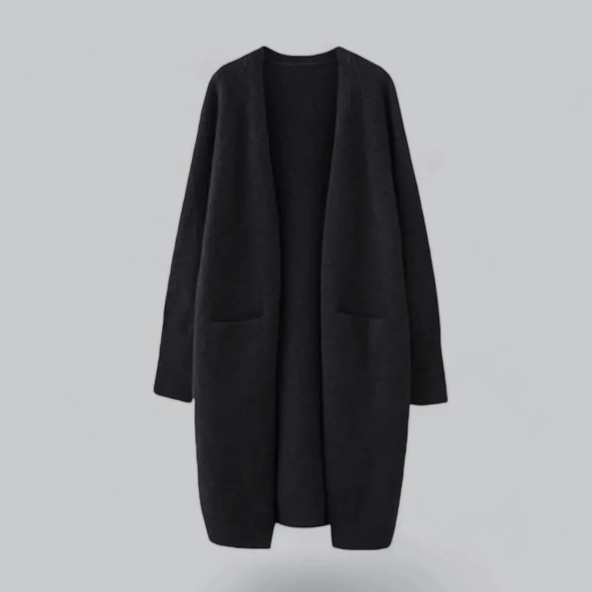 Black Women's Oversized Cashmere Cardigan with Open-Front Design & Patch Pockets — Melanie - Flat Lay